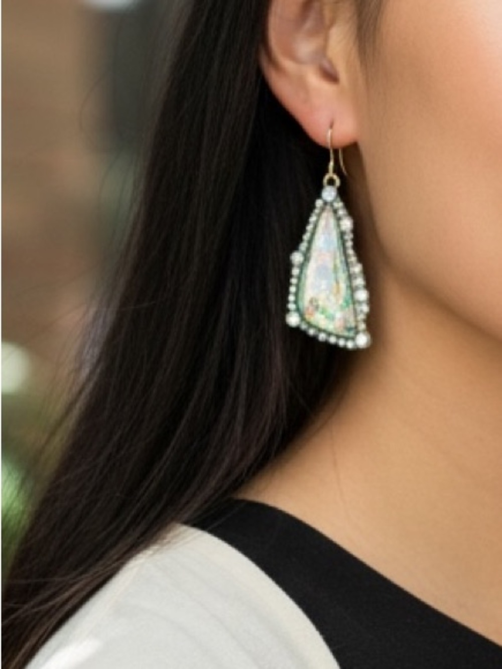 NEW•Sugared + Bronzed Shimmer Crystal & Paua Shell Unique Drop Earrings - Picture 2 of 16